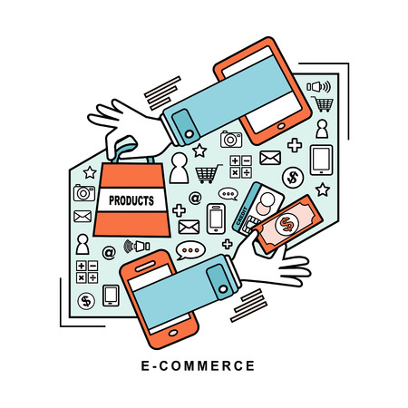 e-commerce ideas: buying product via online shop in line styleのイラスト素材