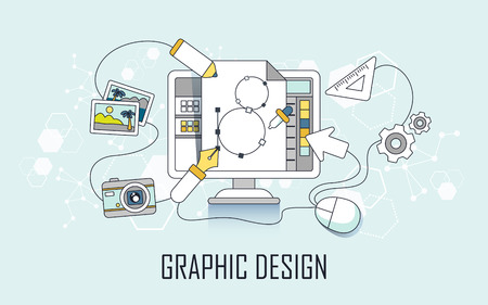graphic design concept: computer and design elements in line styleのイラスト素材