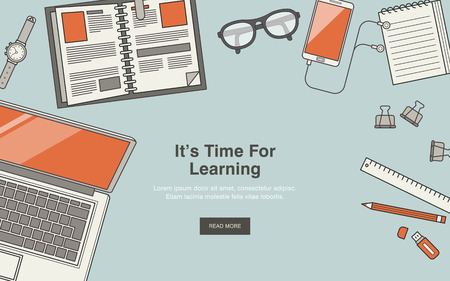 education concept: top view of workplace in thin line styleのイラスト素材