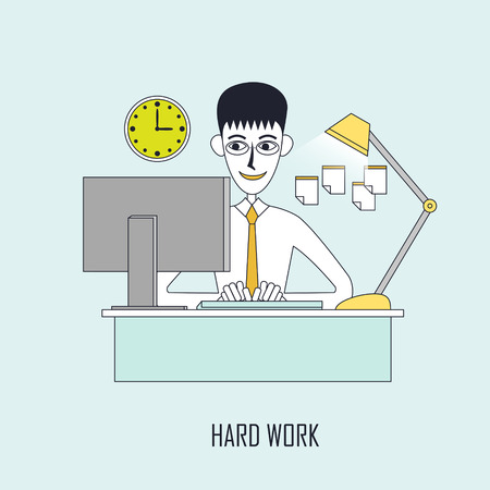 hard work concept: businessman keeps working on the computer in flat line styleのイラスト素材