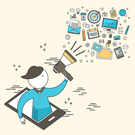 digital marketing concept: businessman holding a megaphone in line styleのイラスト素材