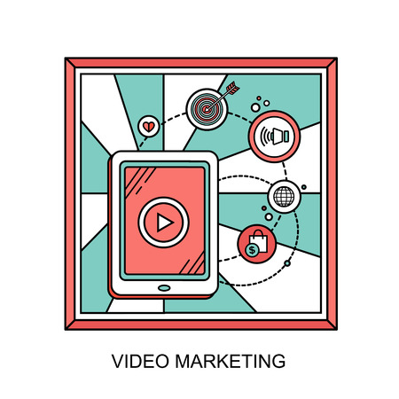 video marketing concept: showing video on tablet in line styleのイラスト素材