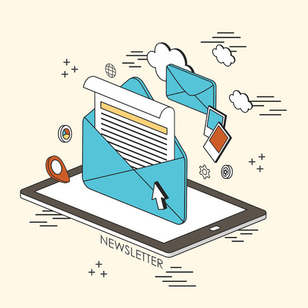 newsletter concept: e-mail and information showing up from tablet in line styleのイラスト素材