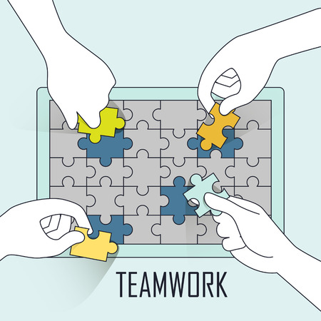 teamwork concept: four hands doing jigsaw puzzle together in line styleのイラスト素材