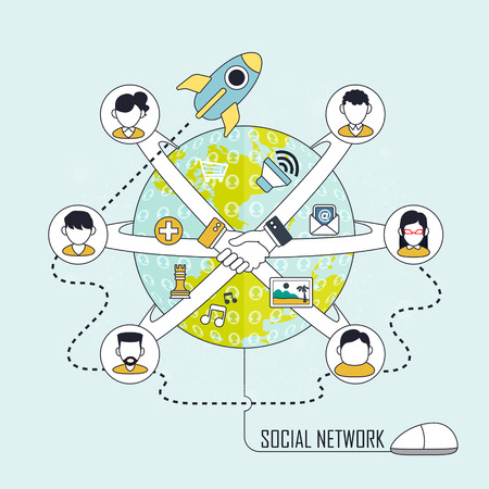 social network concept: people connected through social network all over the world in line styleのイラスト素材