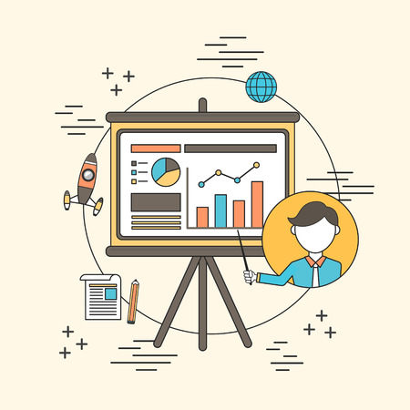 business training concept: a man pointing at a analytic chart in line styleのイラスト素材