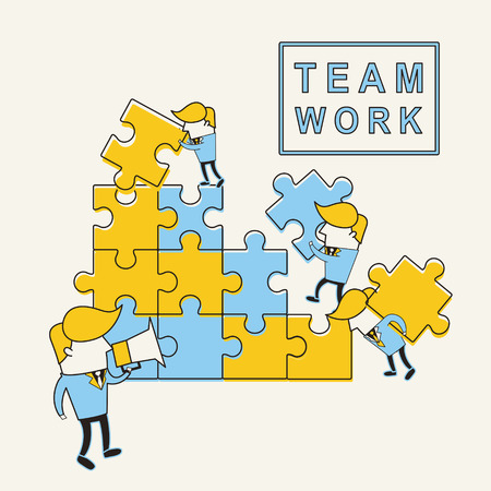 teamwork concept: businessmen doing puzzle together in line styleのイラスト素材