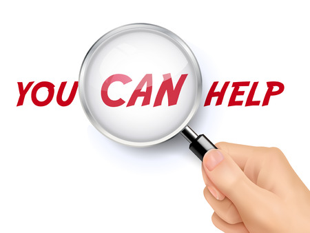 you can help word showing through magnifying glass held by handのイラスト素材