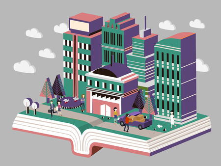 flat 3d isometric design of knowledge city conceptのイラスト素材
