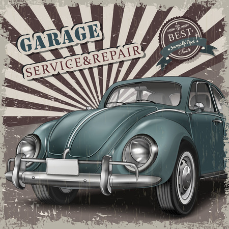 veteran classic small blue car with retro car service backgroundのイラスト素材