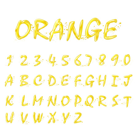 liquid orange alphabets and numbers collection isolated on white backgroundのイラスト素材