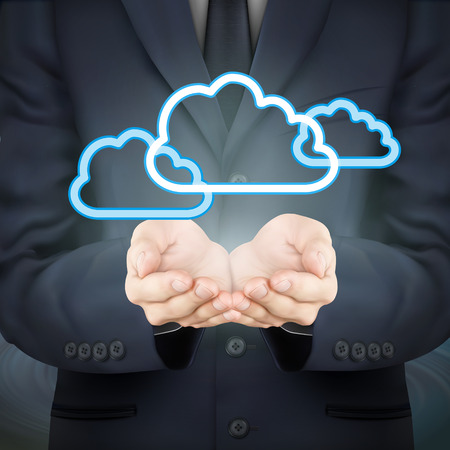 close-up look at businessman holding cloud computing iconのイラスト素材