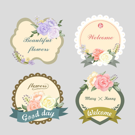 beautiful roses labels and stickers isolated on light grey backgroundのイラスト素材