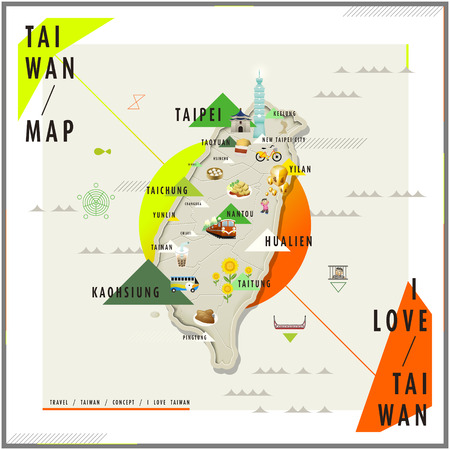 adorable Taiwan travel map with landmarks and famous snacks on itのイラスト素材
