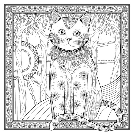 elegant magic cat coloring page in exquisite styleのイラスト素材
