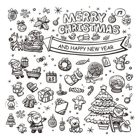 adorable Merry Christmas hand drawn elements collectionのイラスト素材