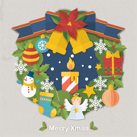adorable Christmas ornate wreath in paper textureのイラスト素材