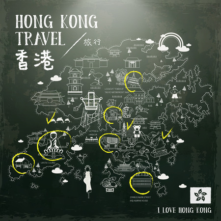 creative Hong Kong travel map drawn on blackboardのイラスト素材