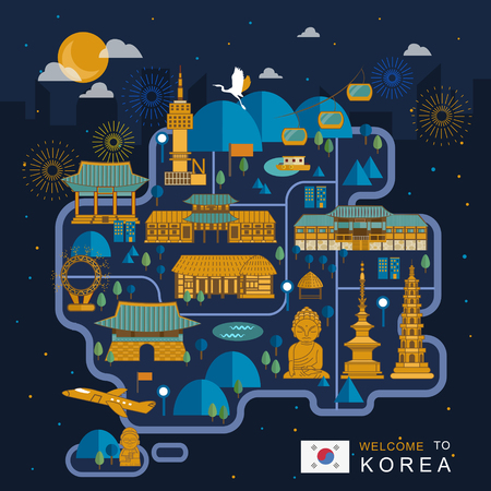 fantastic South Korea night travel map design in flat styleのイラスト素材