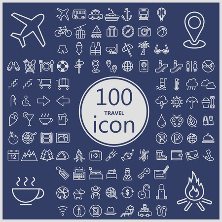 travel concept icons collection in thin line style over blue backgroundのイラスト素材