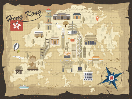 vintage Hong Kong travel concept map in flat designのイラスト素材