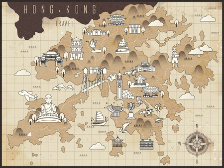 retro Hong Kong travel map on brown paperのイラスト素材