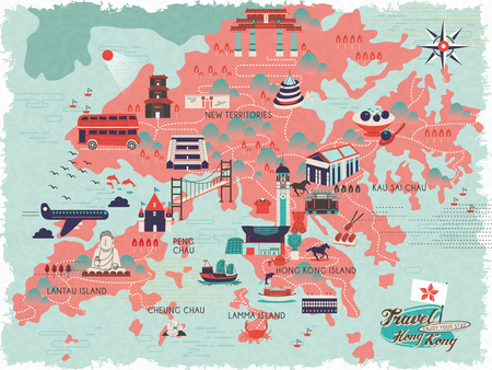 adorable Hong Kong travel map in flat styleのイラスト素材