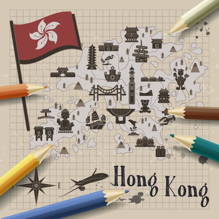 creative Hong Kong travel map on notepaperのイラスト素材