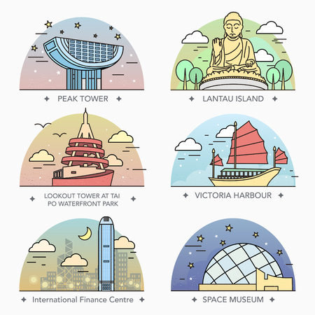 attractive Hong Kong travel collections design in thin line styleのイラスト素材