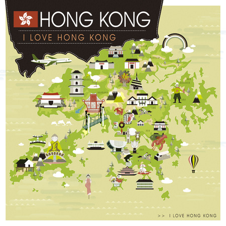 Hong Kong travel map with attractions in flat designのイラスト素材
