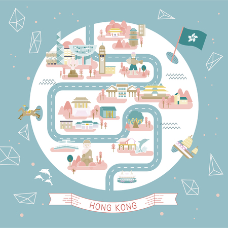 lovely Hong Kong travel collections in round shapeのイラスト素材