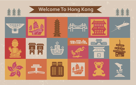 colorful Hong Kong travel collections in flat styleのイラスト素材
