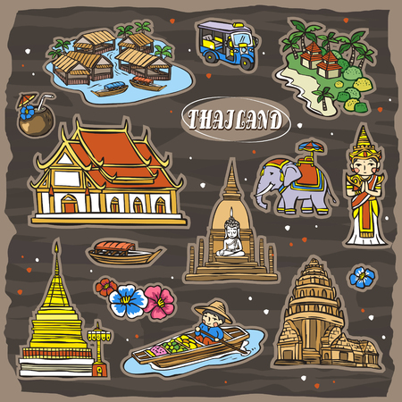 adorable Thailand travel concept collection set in hand drawn styleのイラスト素材