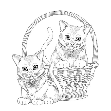 adorable kitty in basket coloring page in exquisite lineのイラスト素材