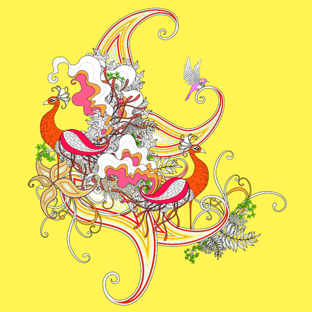 attractive peacock coloring page with floral elements in exquisite lineのイラスト素材