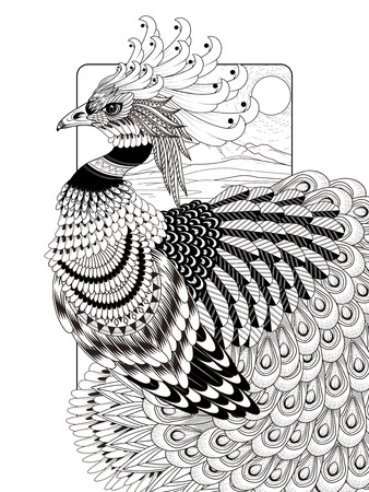 sumptuous peacock coloring page in exquisite lineのイラスト素材