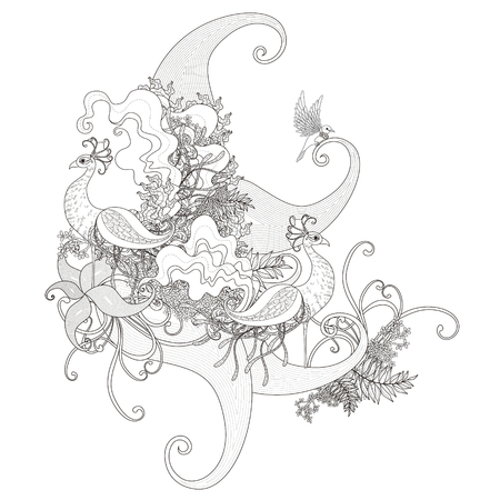 attractive peacock coloring page with floral elements in exquisite lineのイラスト素材