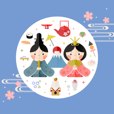lovely Japanese Doll Festival poster deisgn in flat styleのイラスト素材