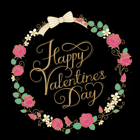 romantic Valentine's day calligraphy design with floral wreathのイラスト素材
