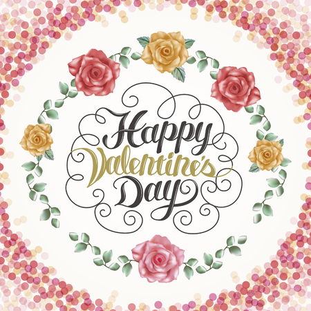 romantic Happy valentine's day calligraphy poster design with roses elementsのイラスト素材