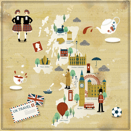 lovely United Kingdom travel map design with attractionsのイラスト素材