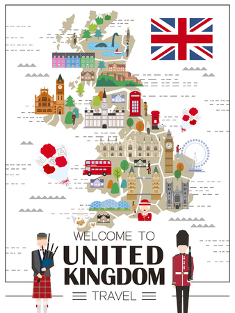 lovely United Kingdom travel map with attractionsのイラスト素材
