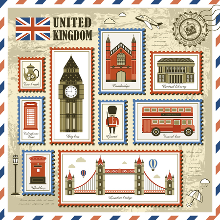 exquisite United Kingdom travel impression stamp collectionのイラスト素材
