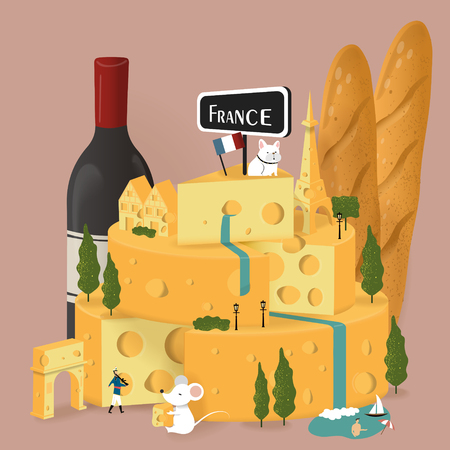 lovely France travel poster with delicious cheese castleのイラスト素材