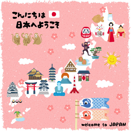 lovely Japan travel map - Hello and Welcome to Japan in Japaneseのイラスト素材