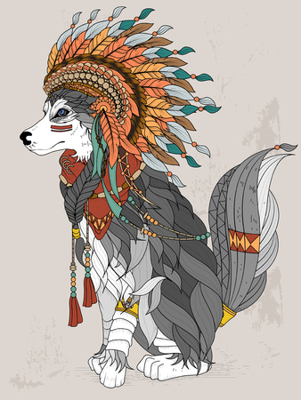 lovely Indian style wolf - adult coloring pageのイラスト素材