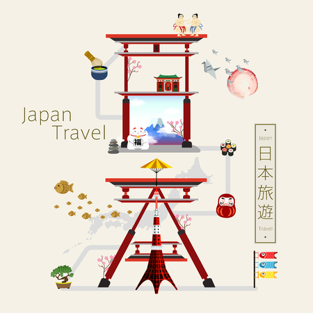 creative Japan travel poster with torii composed Japan in Japaneseのイラスト素材