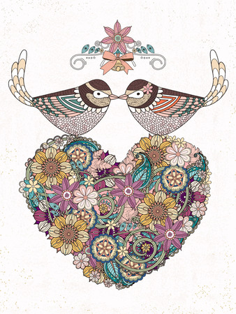 romantic birds couple with heart shaped flower - adult coloring pageのイラスト素材