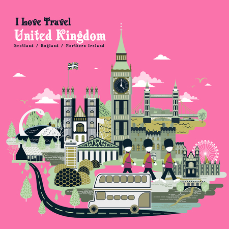 lovely United Kingdom travel poster design in pinkのイラスト素材