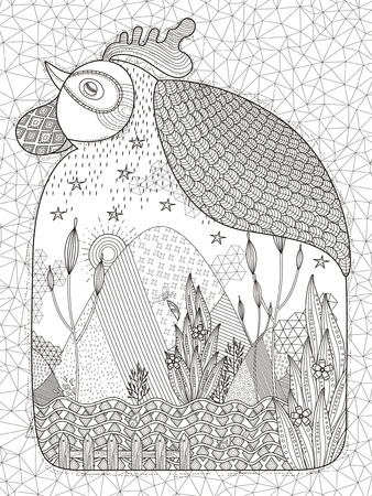 adorable adult coloring page - scenery in rooster's bellyのイラスト素材
